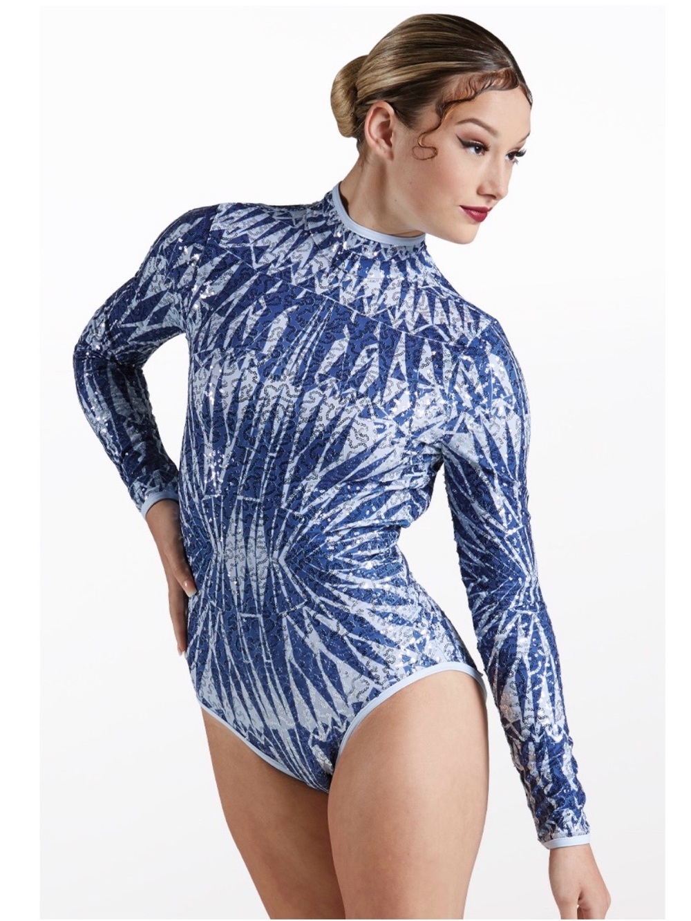 Weissman Elite | Starburst Print Sequin Leotard Blue Long-Sleeve Geometric, LC
